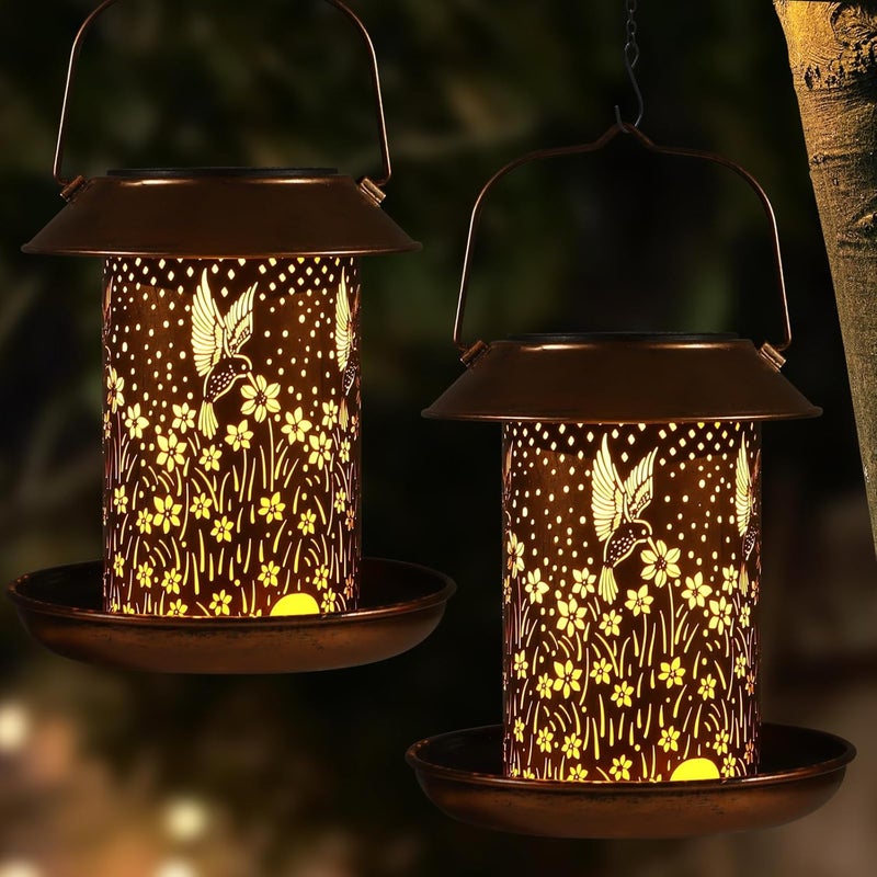 Tepaken Bird Feeders for Outdoors Hummingbird Solar Lanterns Outdoor Waterproof Garden Decor Gifts for Women Mom Grandma Metal Solar Decoration Outside LED Lanterns for Yard, Patio, Lawn, Pathway(2 Pack) - Image 1